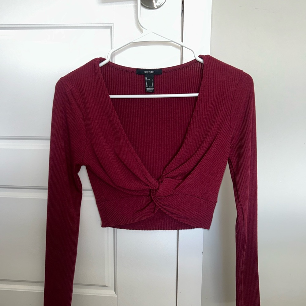 Forever 21 Burgundy Ribbed Twist Crop Top
